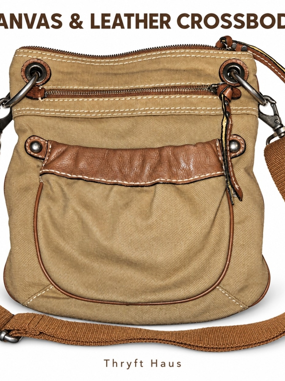 Fossil ZB2831 Canvas Leather Crossbody Bag Tan Brown Key Charm Y2K